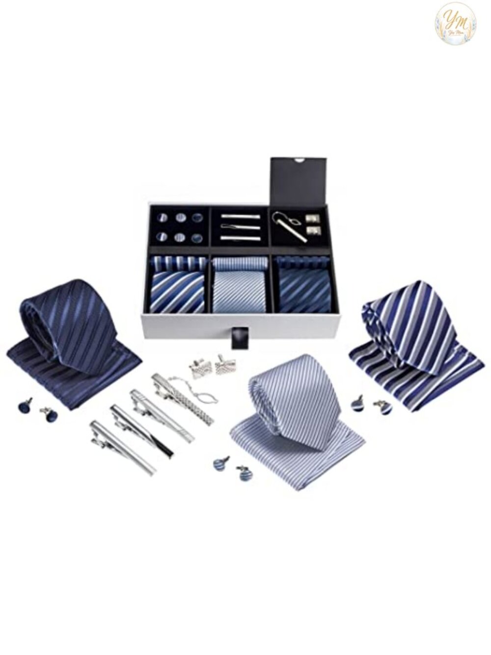 Men's Silky Tie Set with Pocket Squares, Tie Clips & Cufflinks